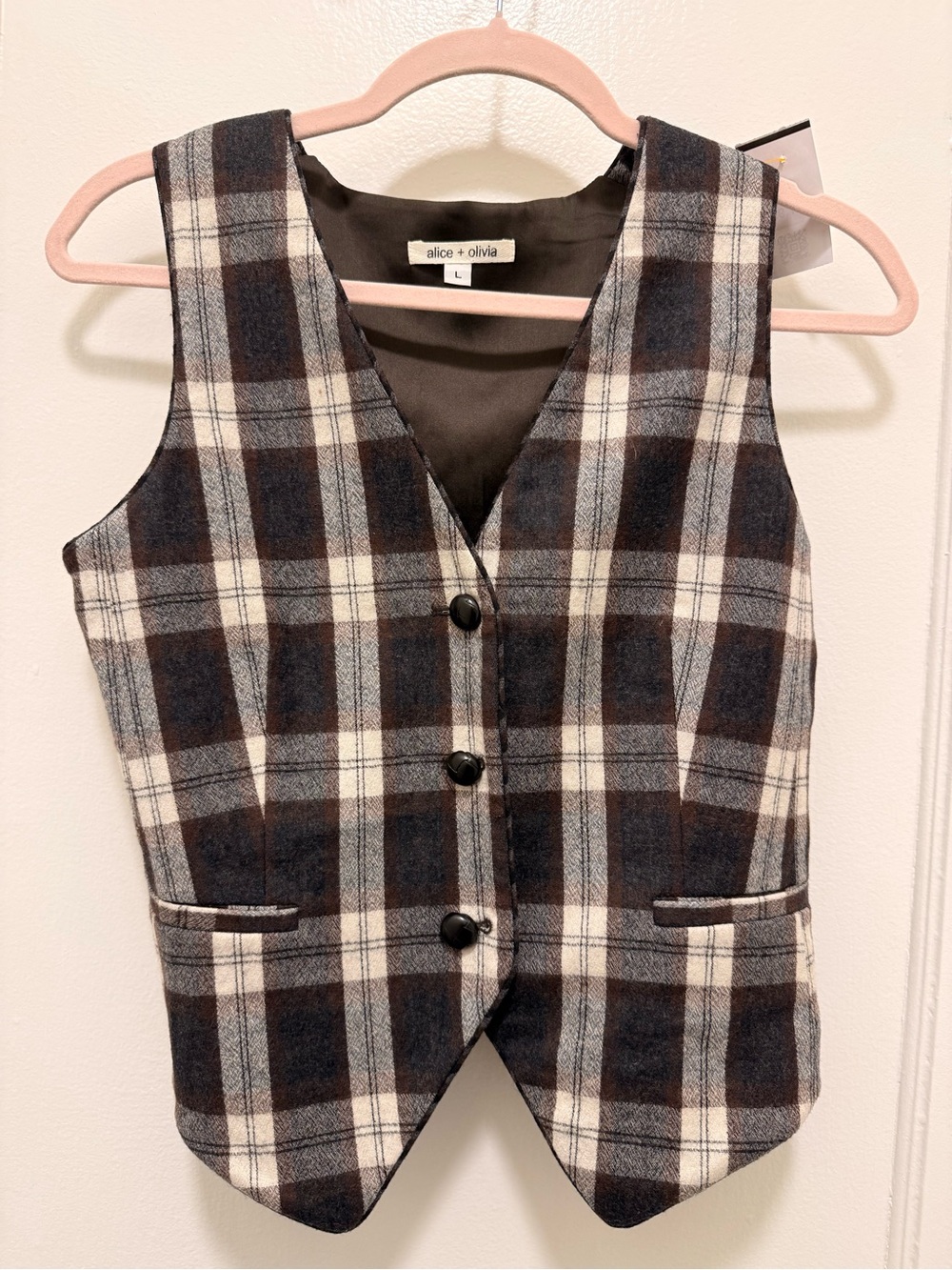 Like New! Alice + Olivia Tailored Vest Brown & Cream Windowpane Wool Blend L EUC